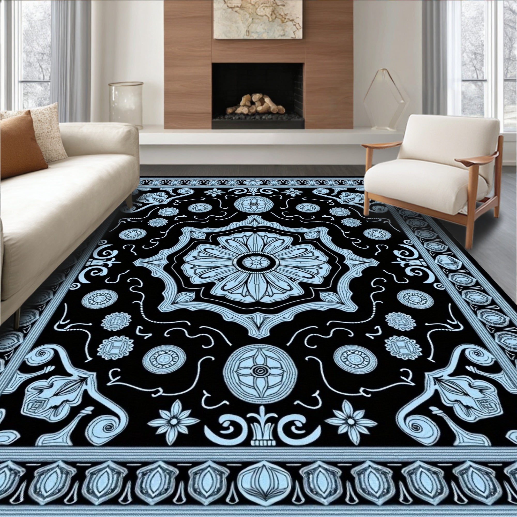 Ornate Floral Medallion Black Blue Rug