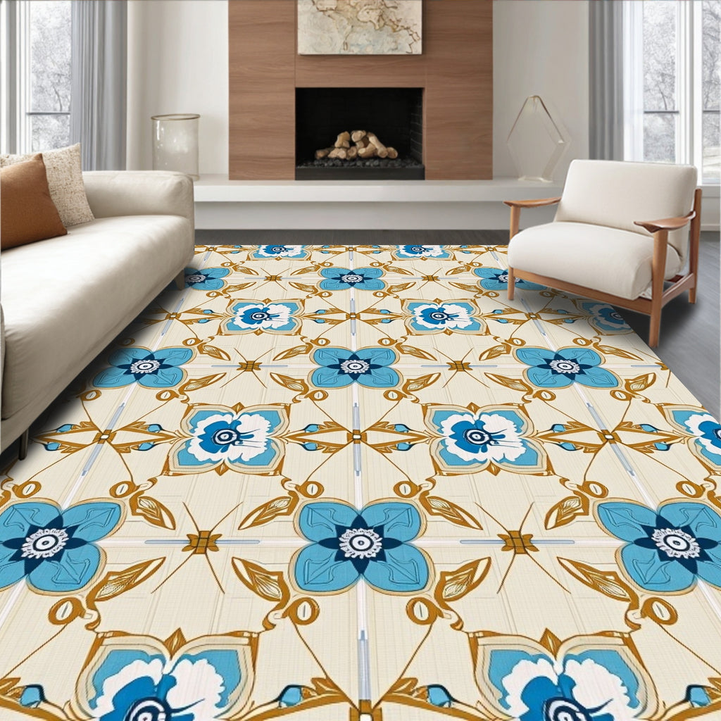 Blue Floral Pattern With Gold Accents Rug
