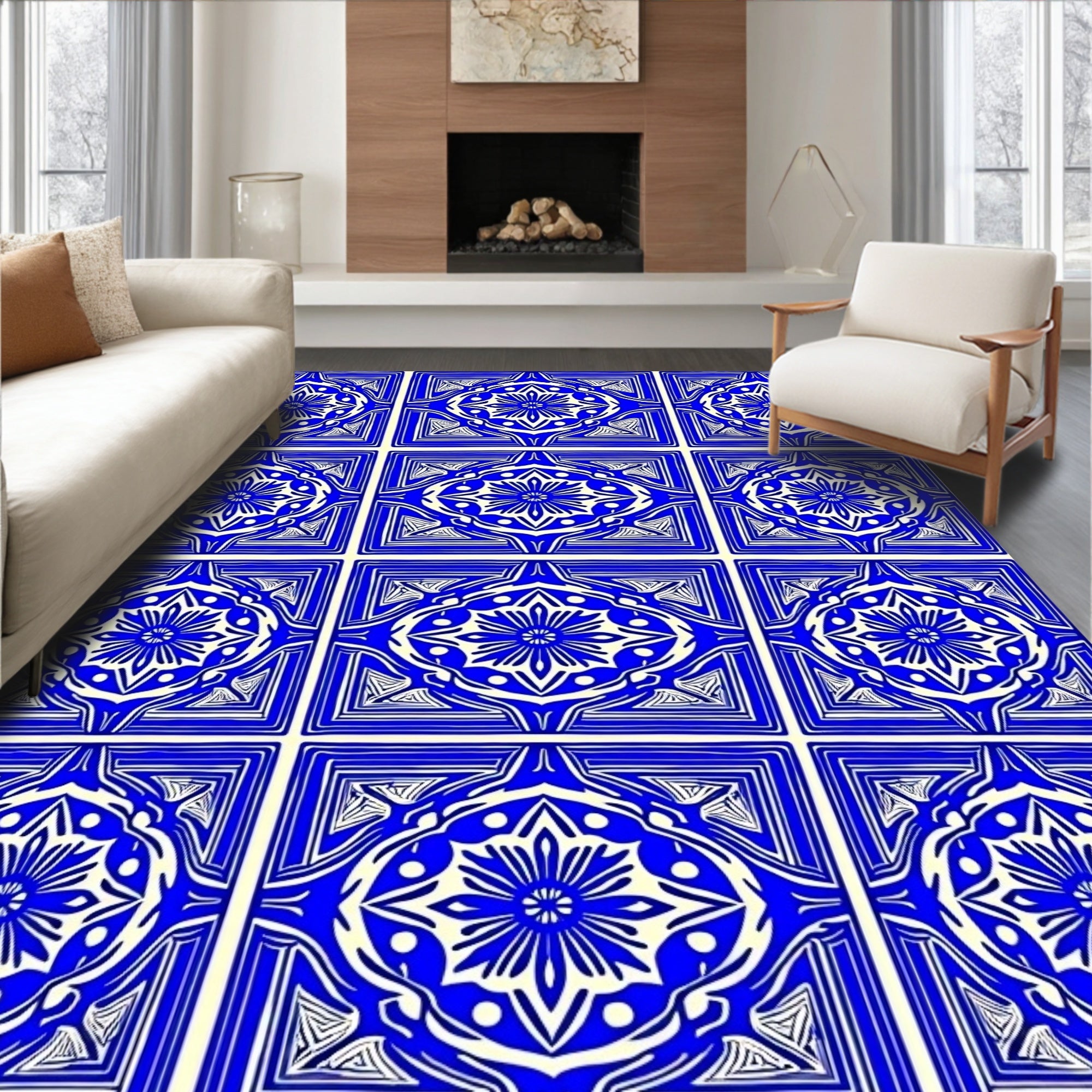 Intricate Blue White Geometric Floral Rug