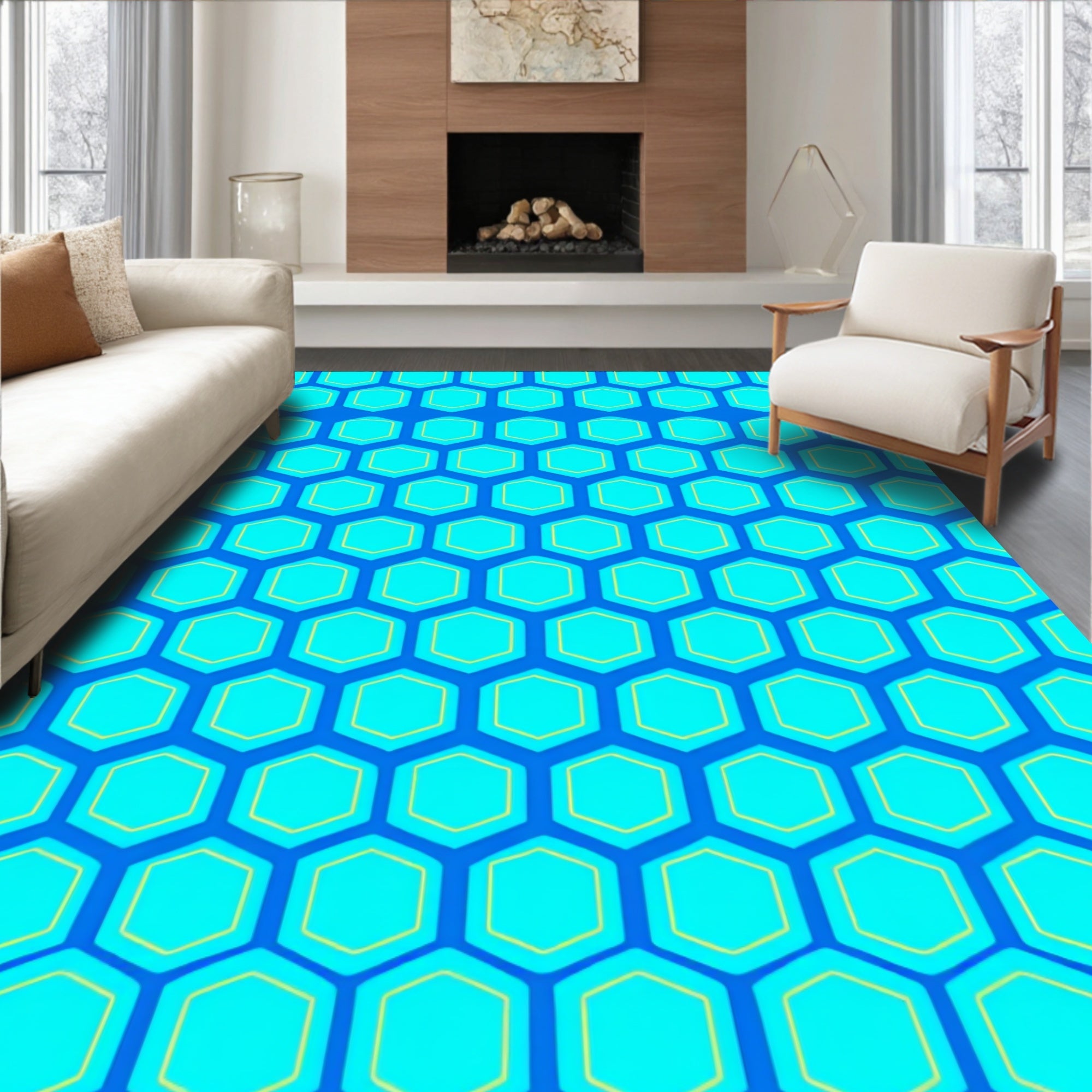 Blue Honeycomb Pattern Rug