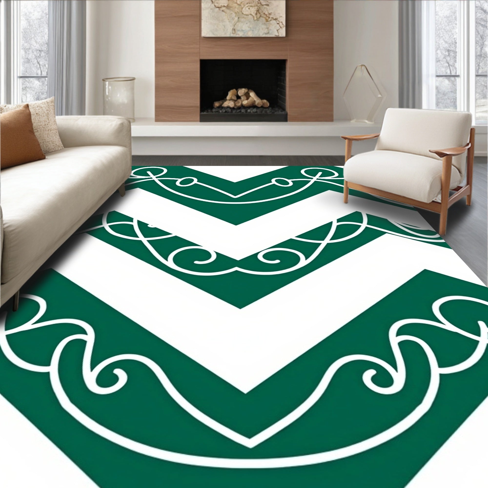 Green White Chevron Scroll Pattern Rug
