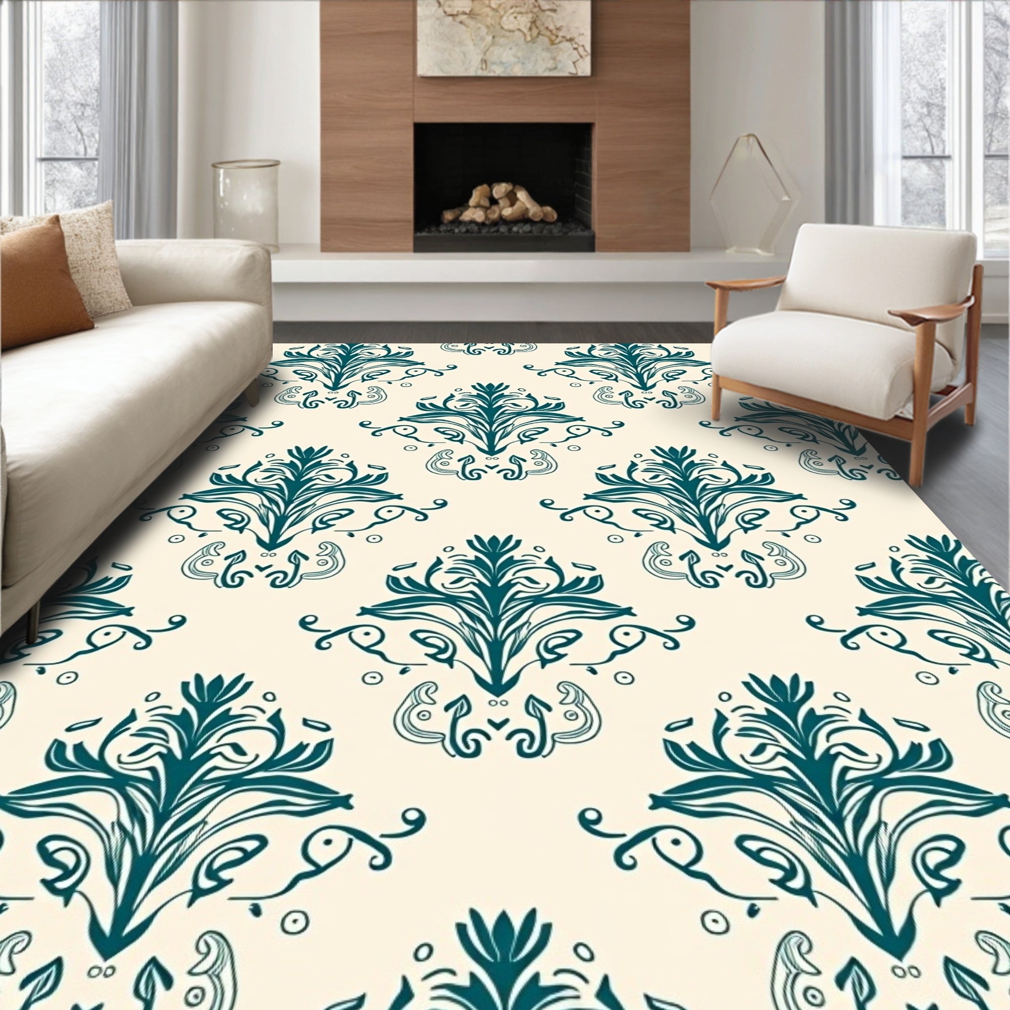 Damask Teal Vintage Floral Pattern Rug
