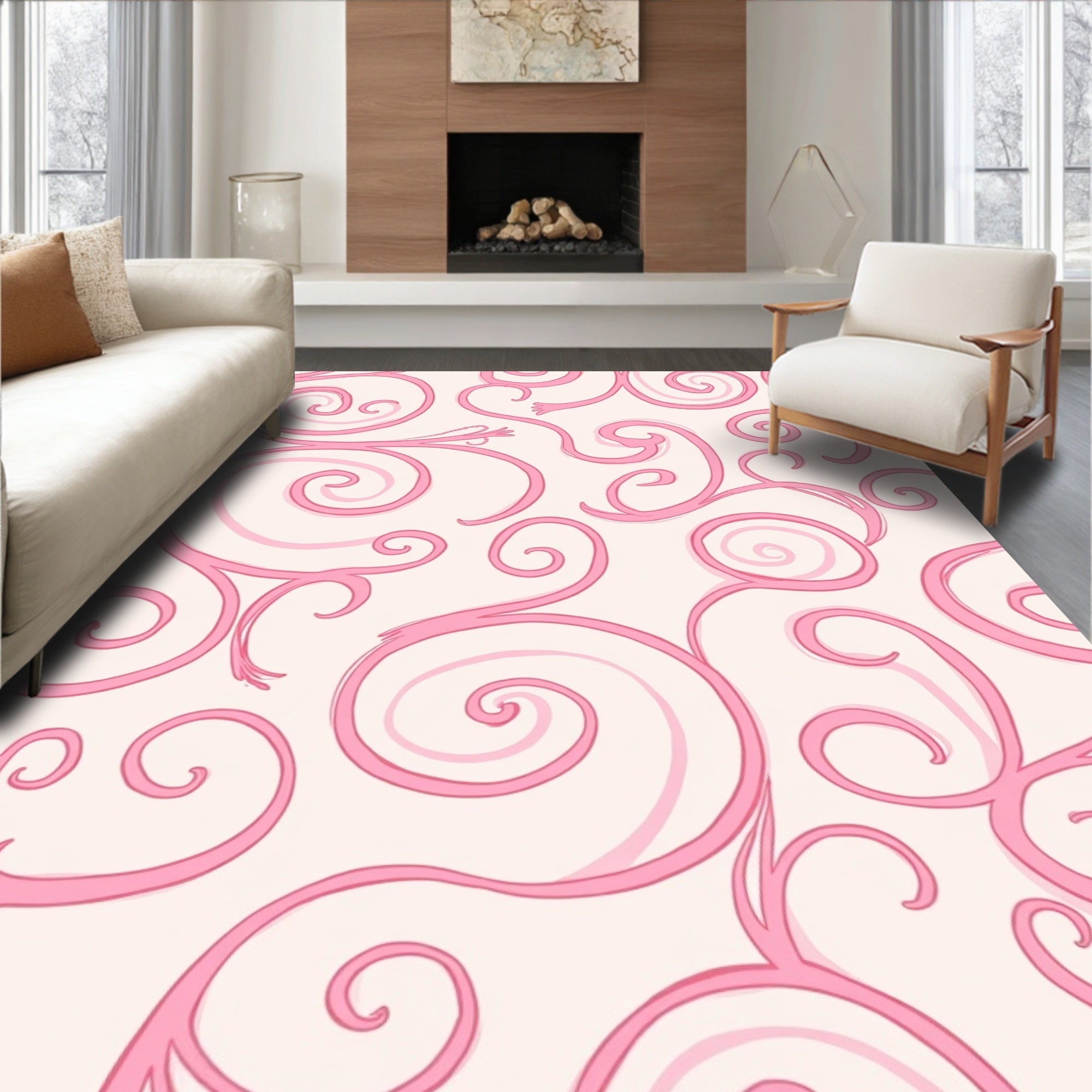 Pink Swirl Scroll Pattern Rug