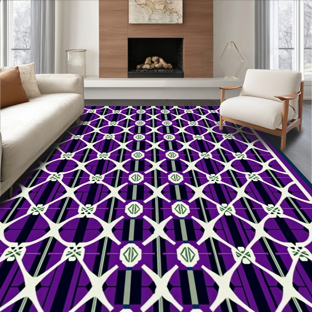 Geometric Lattice Pattern With Purple Accents Rug