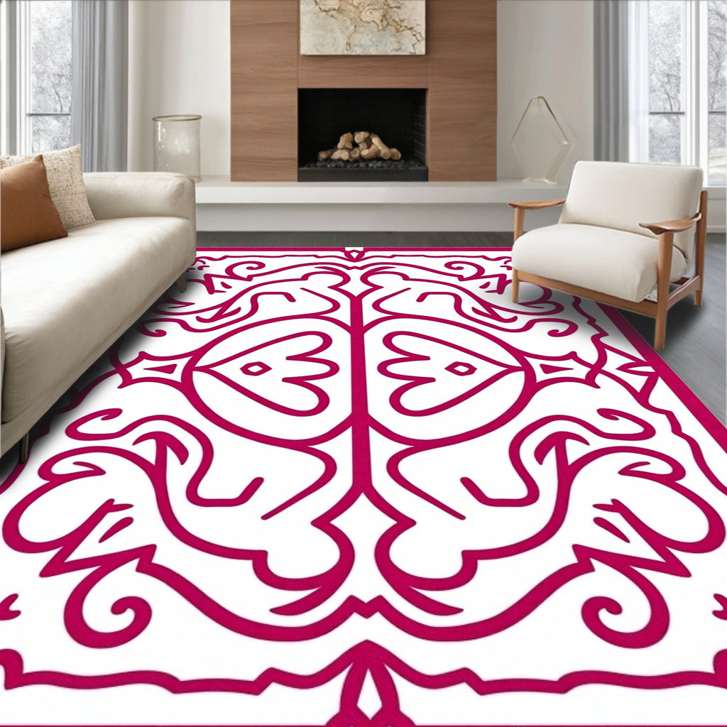 Ornate Red And White Floral Design Rug