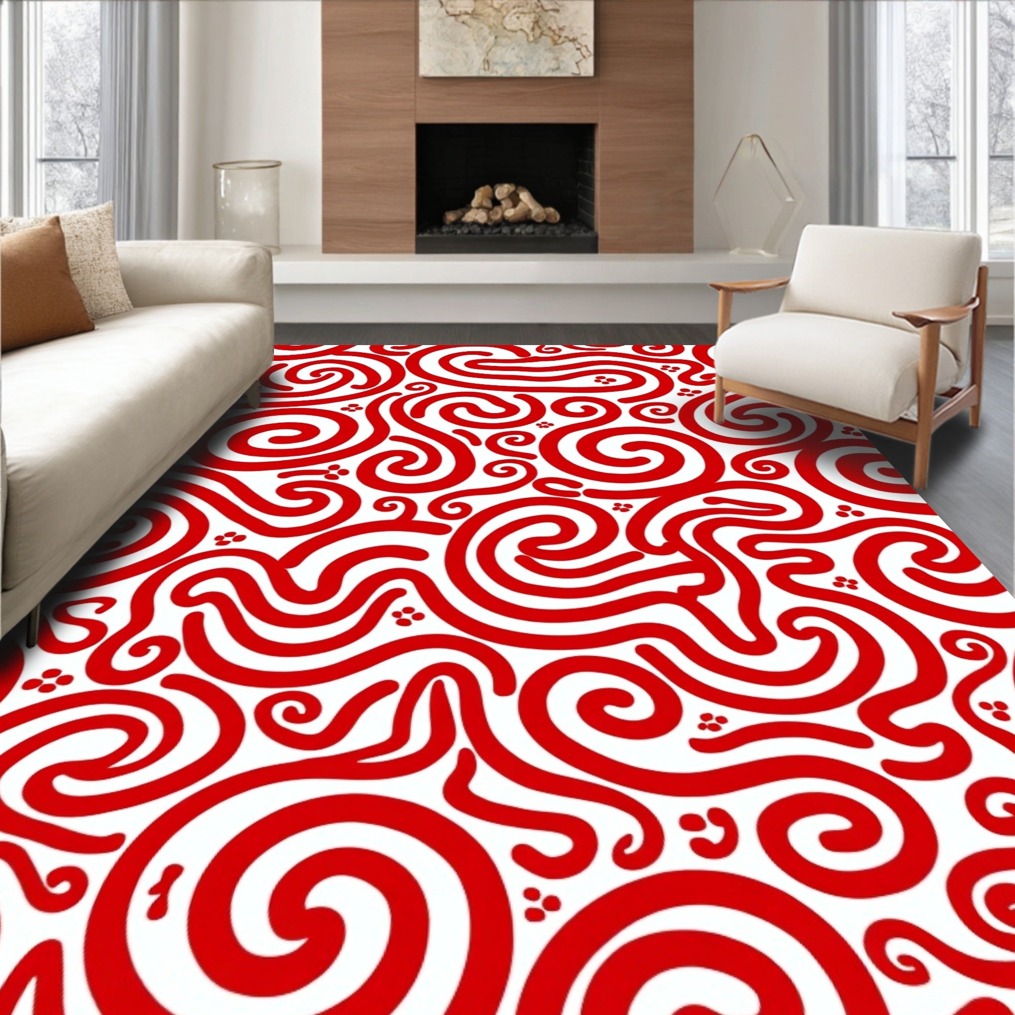 Crimson White Scroll Swirls Rug
