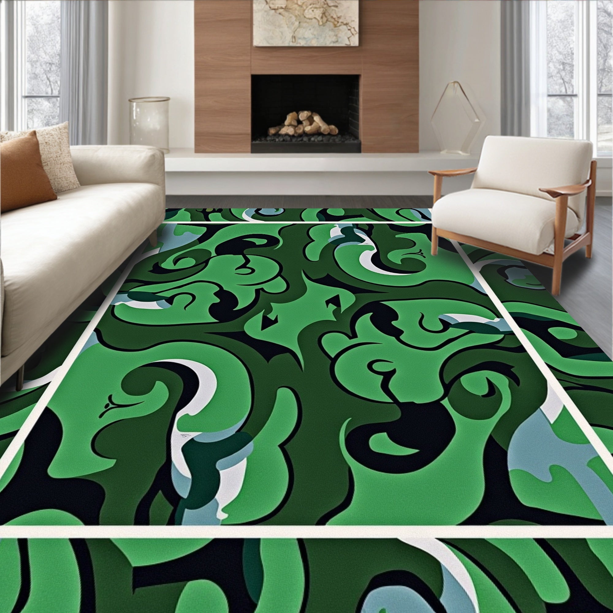Abstract Green Swirl Pattern Design Rug