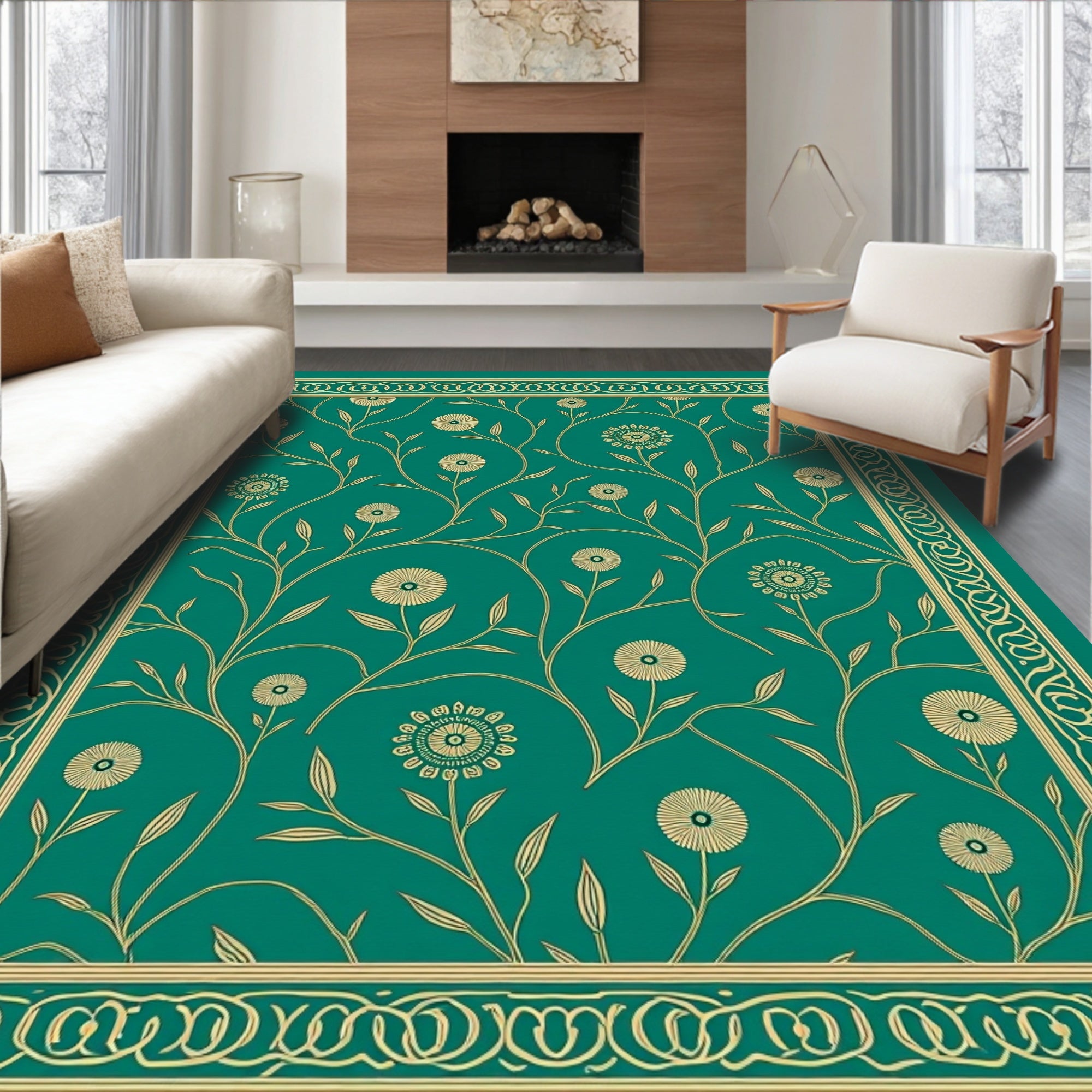 Teal Floral vine Patterned Border Rug