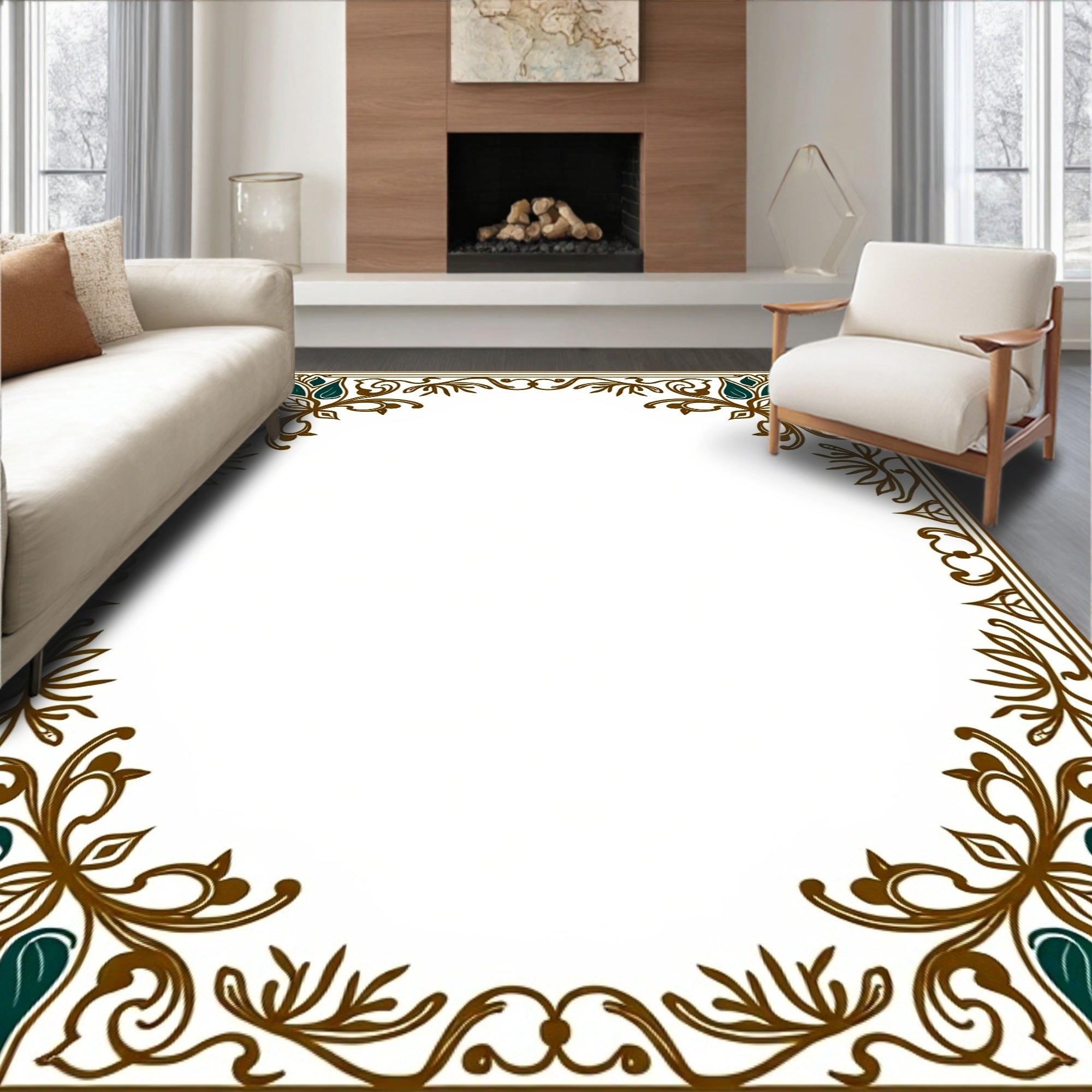 Ornate Floral Corners Border Design Rug