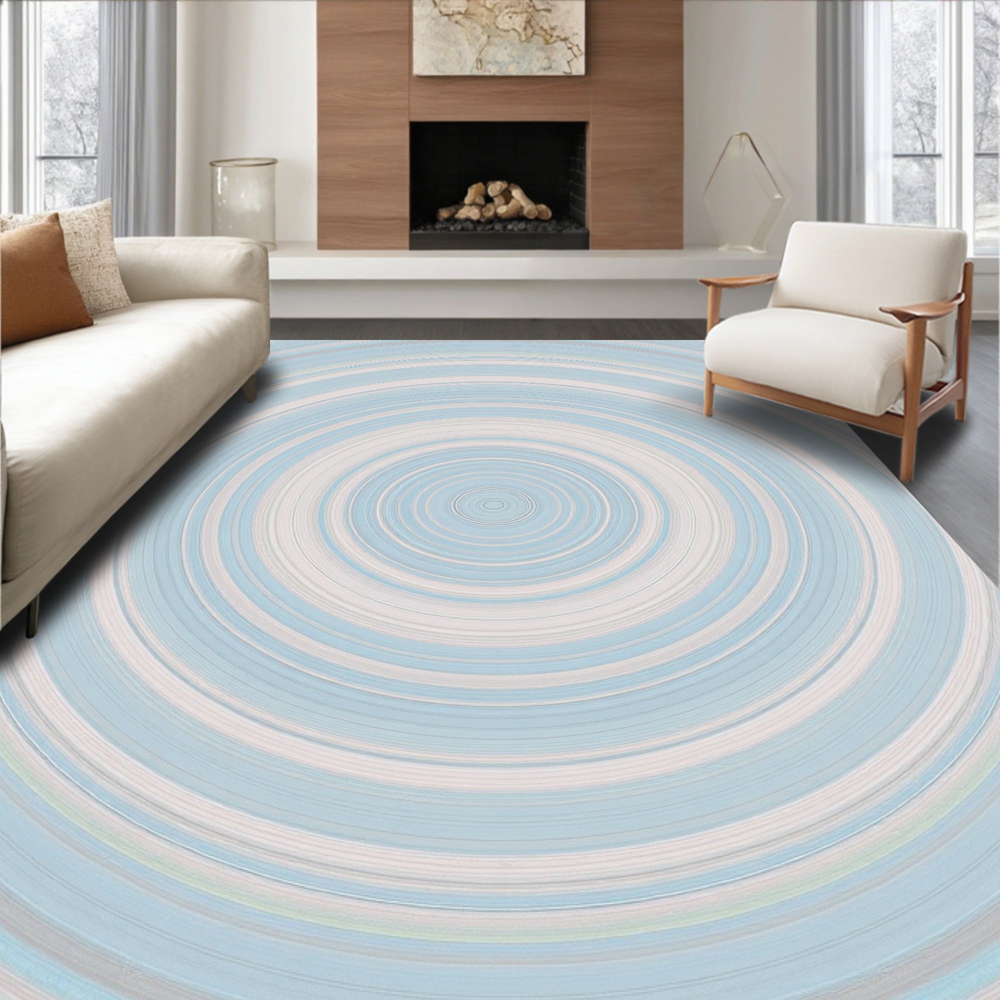 Pale Blue White Concentric Circles Pattern Rug