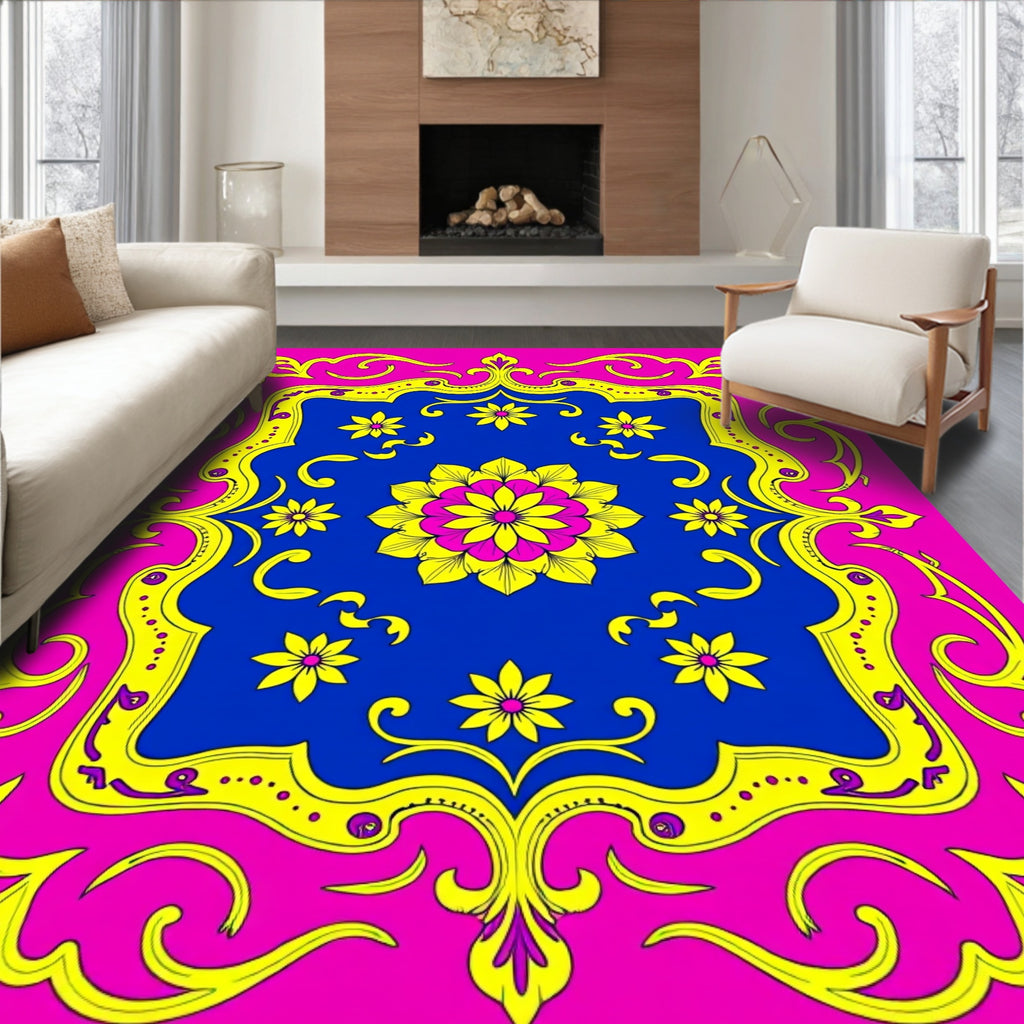 Vibrant Floral Border With Centerpiece Rug