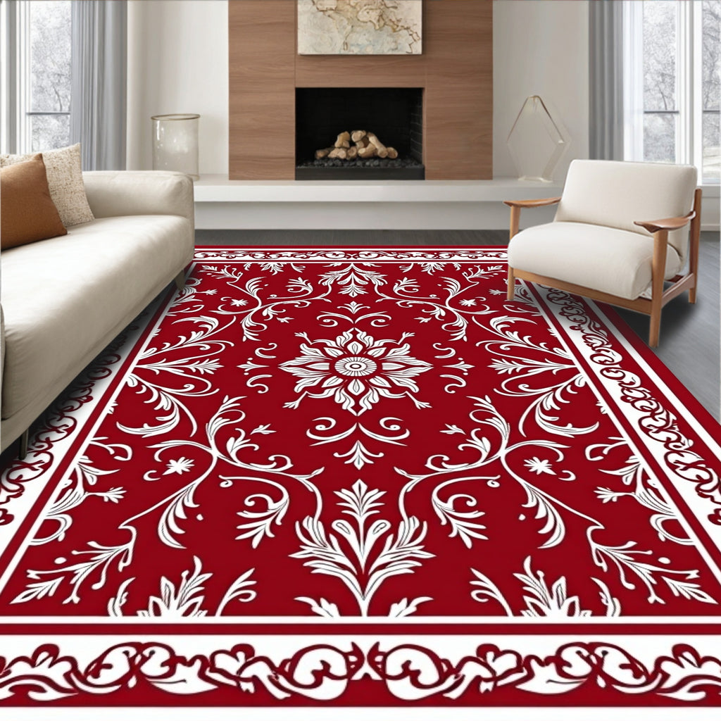 Red White Floral Swirl Pattern Rug