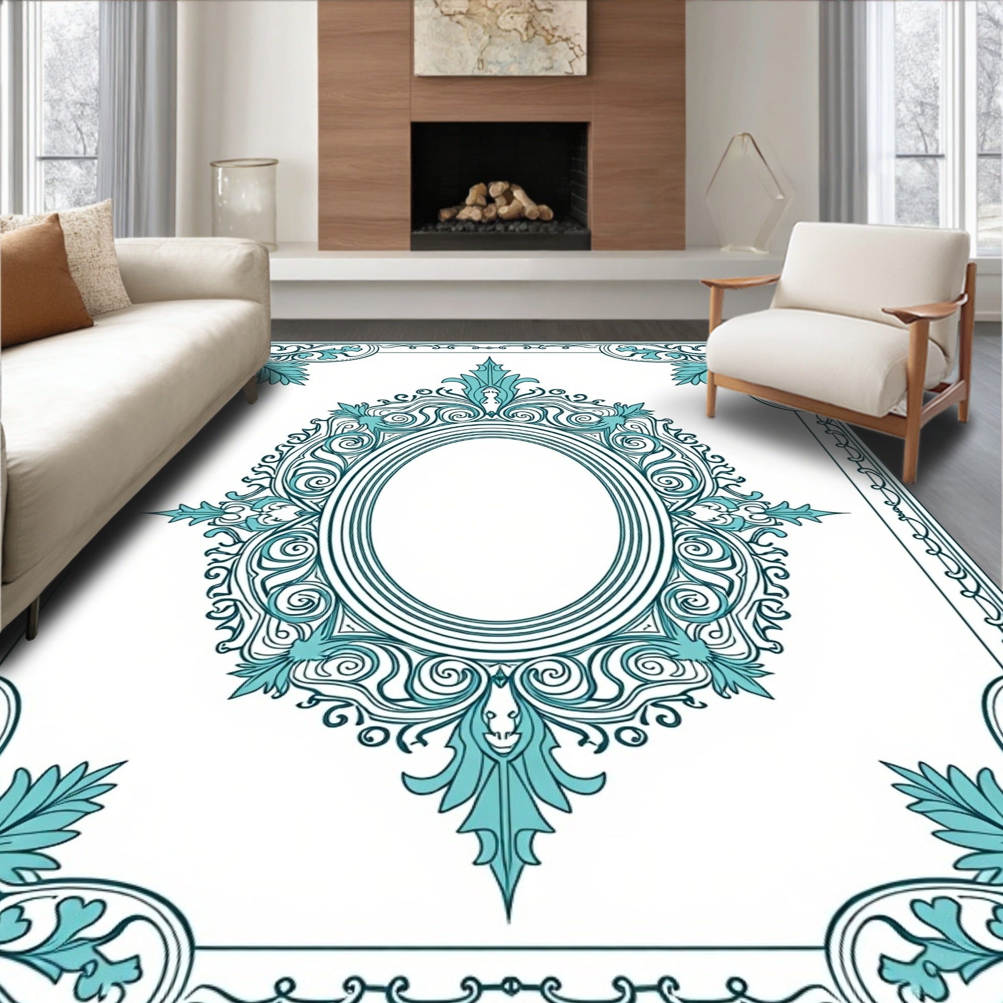 Elegant Teal Oval Scrollwork Design Rug