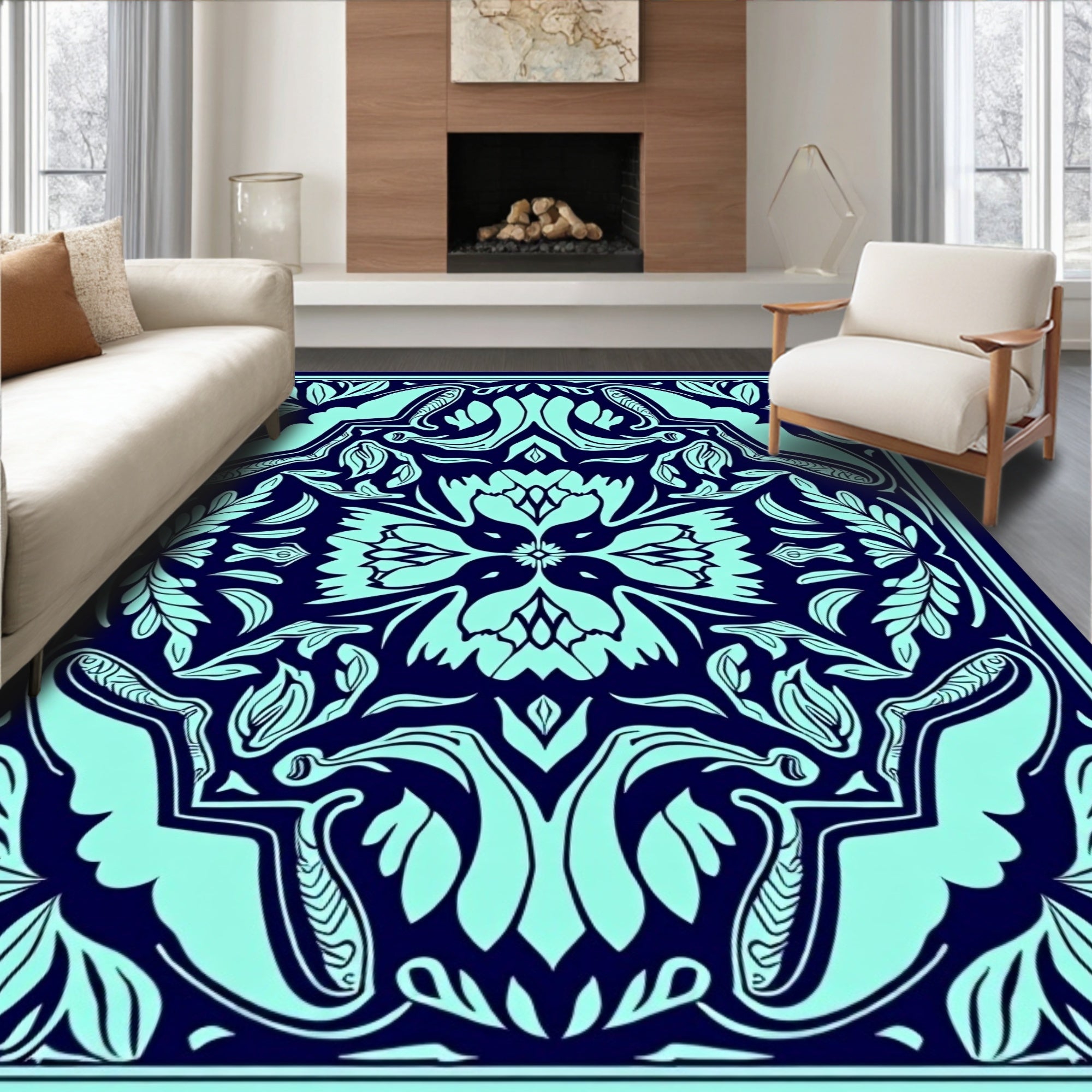 Art Nouveau Teal Leaf Pattern Rug