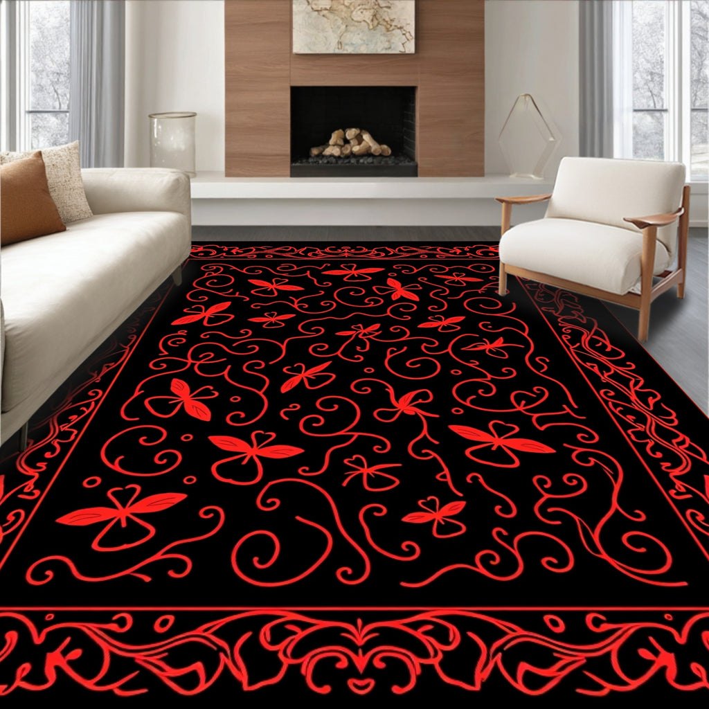 Red Butterflies With Flourishing Swirls Design Rug