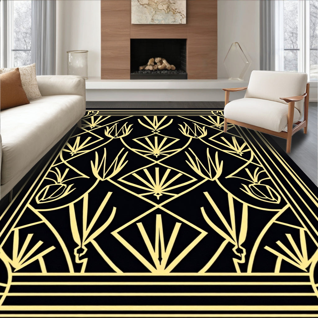 Art Deco Black Gold Geometric Pattern Rug
