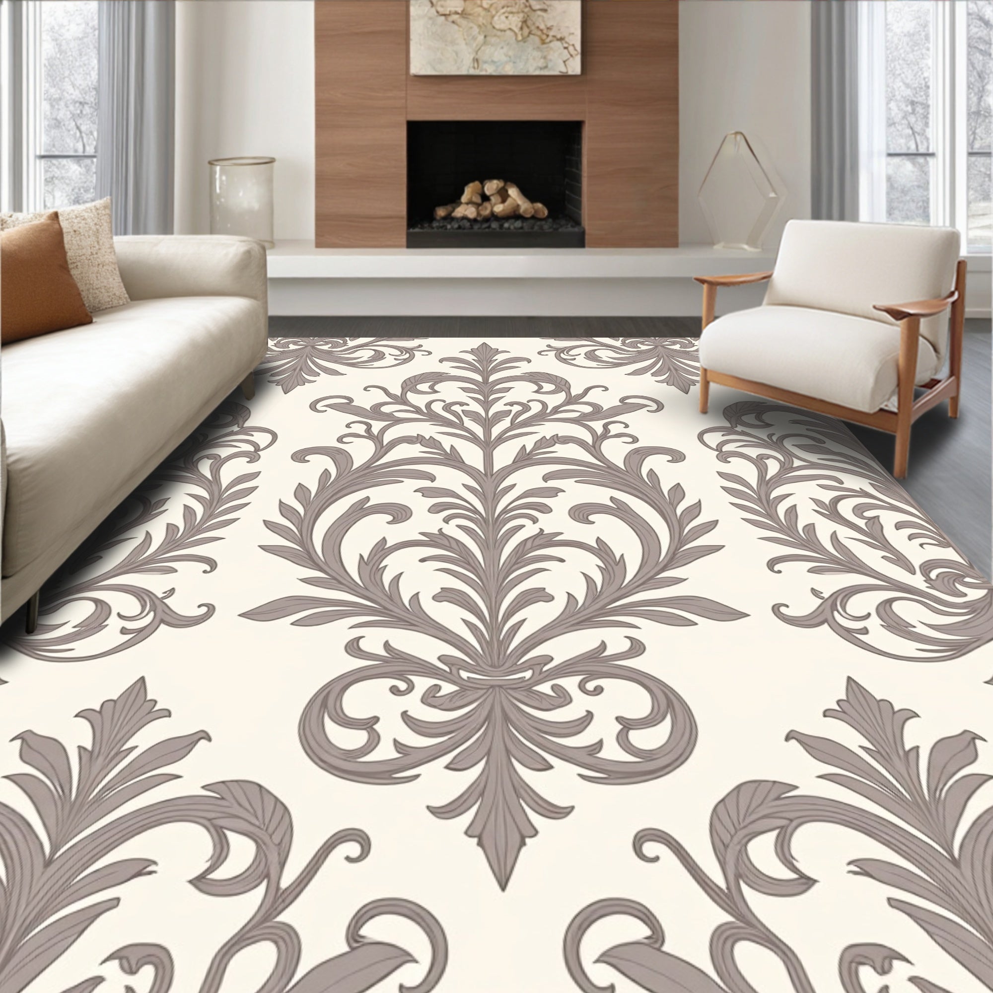 Elegant Damask Scroll Pattern Rug