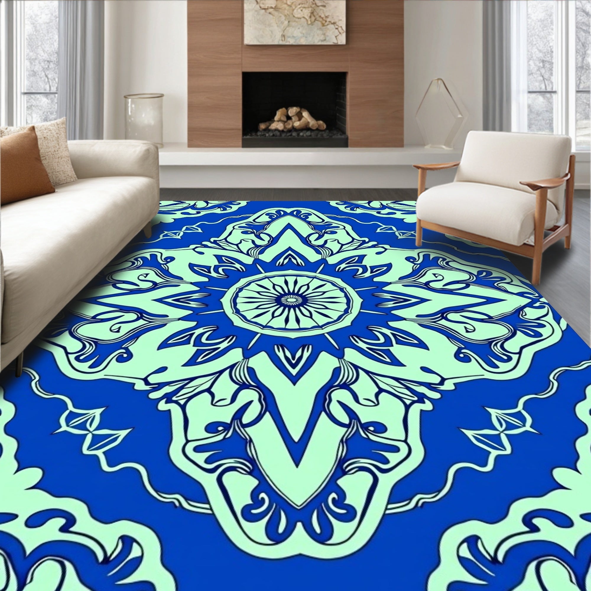 Royal Blue Floral Mandala Pattern Rug