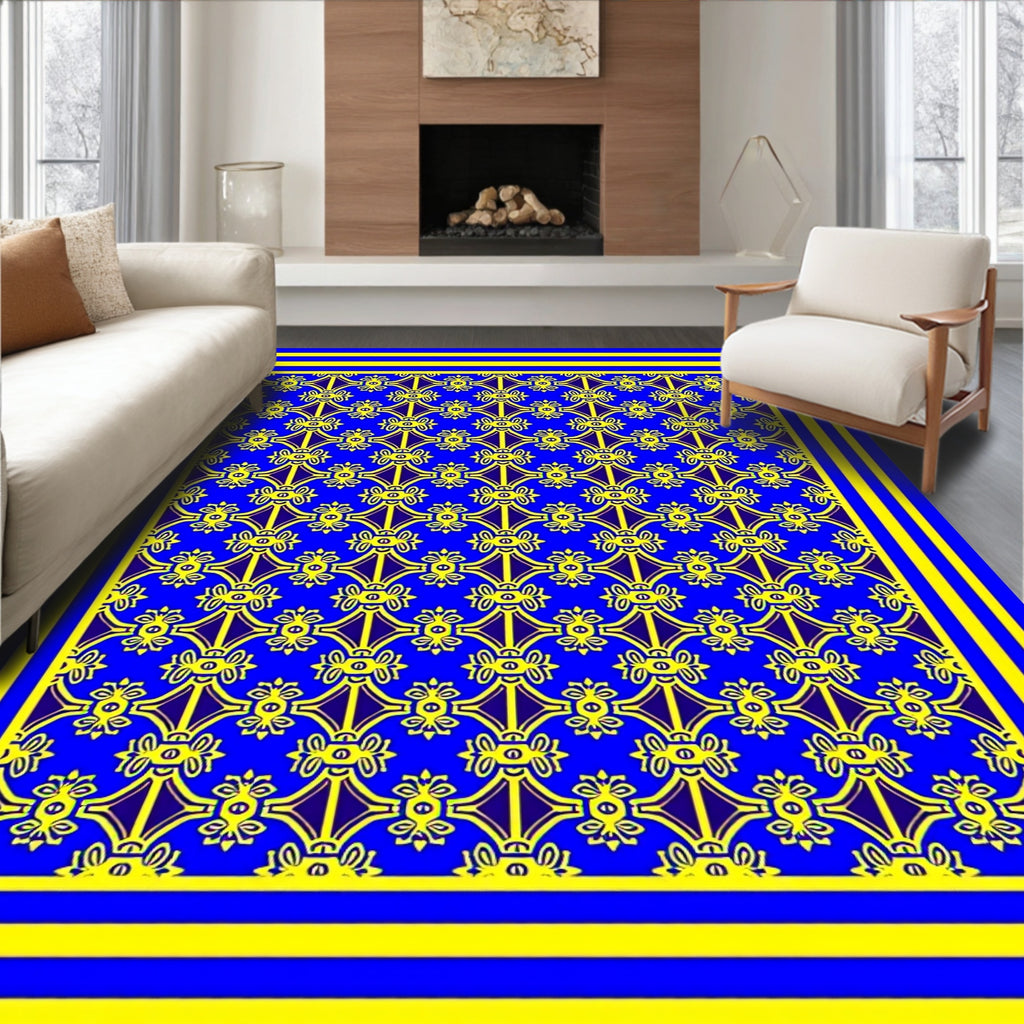 Royal Blue Yellow Ornate Pattern Rug