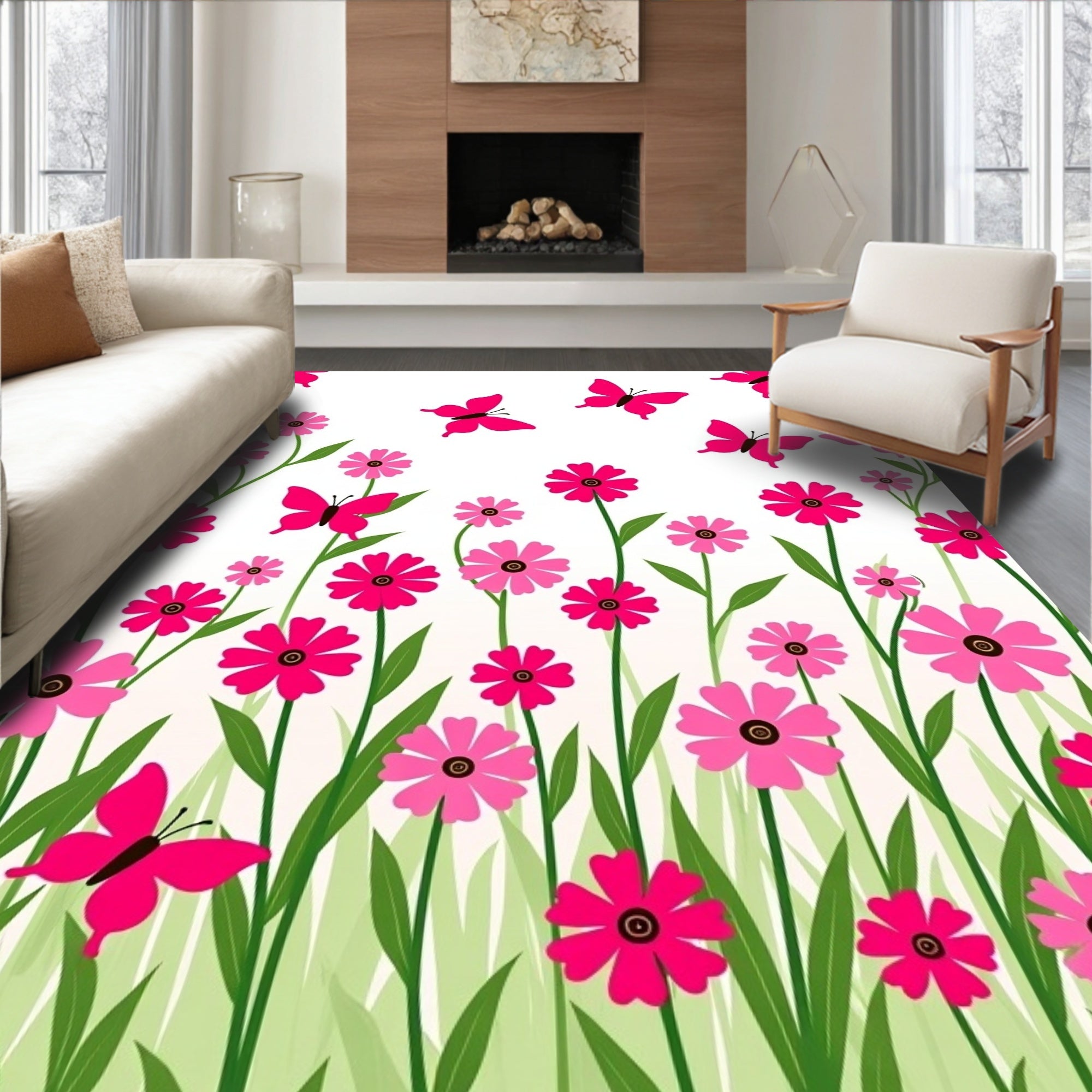 Whimsical Pink Butterflies Floral Meadow Rug