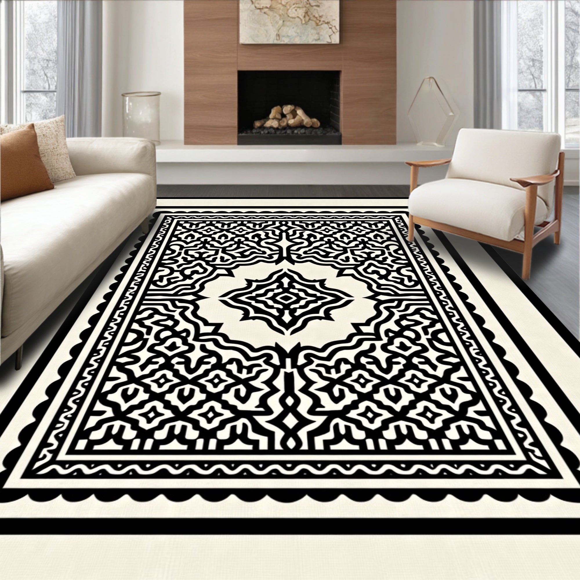 Black White Intricate Geometric Pattern Rug