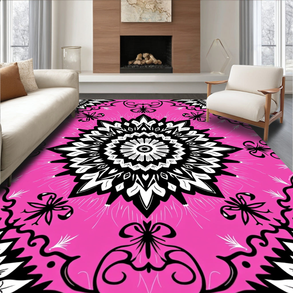 Striking Black White Mandala Pattern Rug