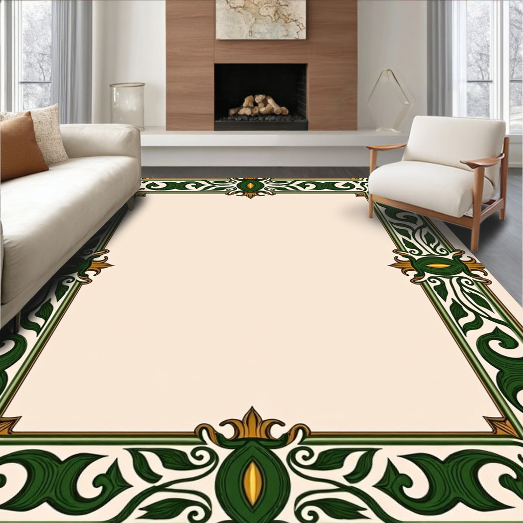 Ornate Green Gold Floral Border Rug