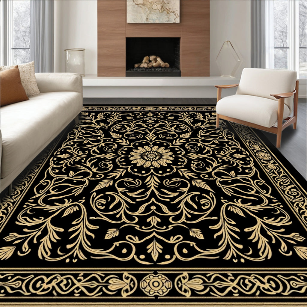 Golden Floral Scrollwork Mandala Rug