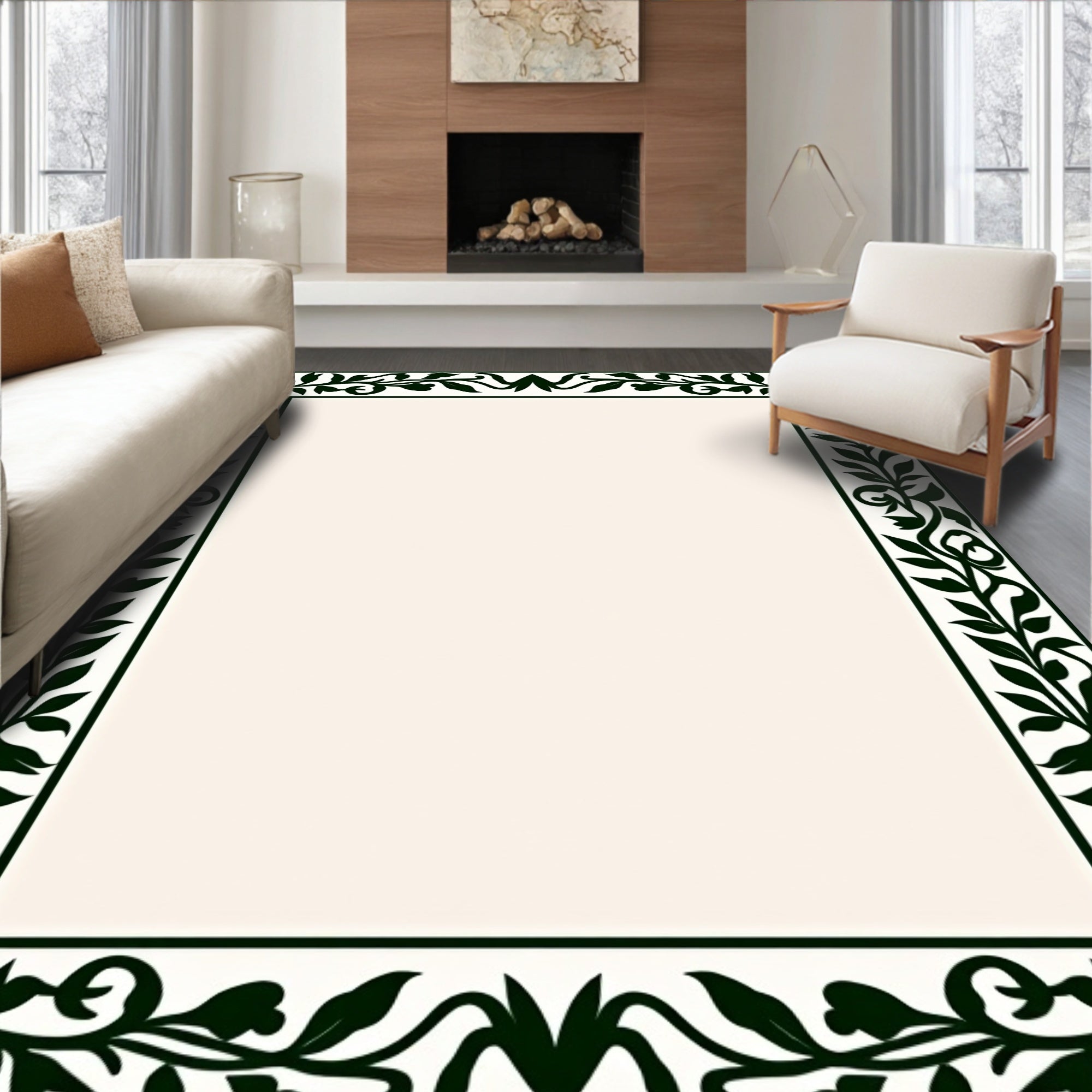Elegant Green Leaf Scroll Border Rug