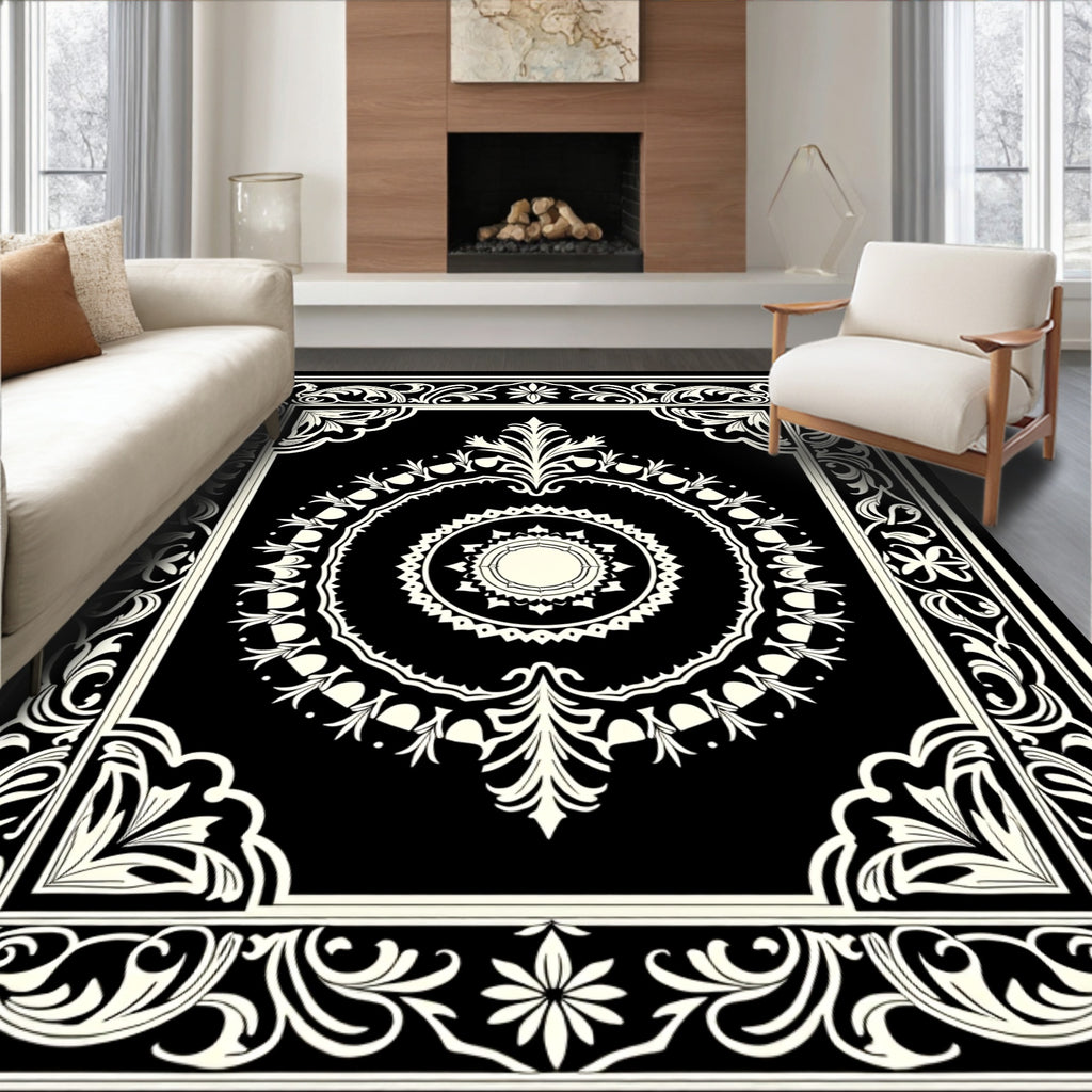 Ornate Black Ivory Scroll Border Pattern Rug