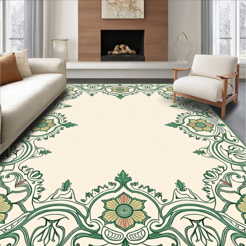 Green Floral Art Nouveau Border Design Rug