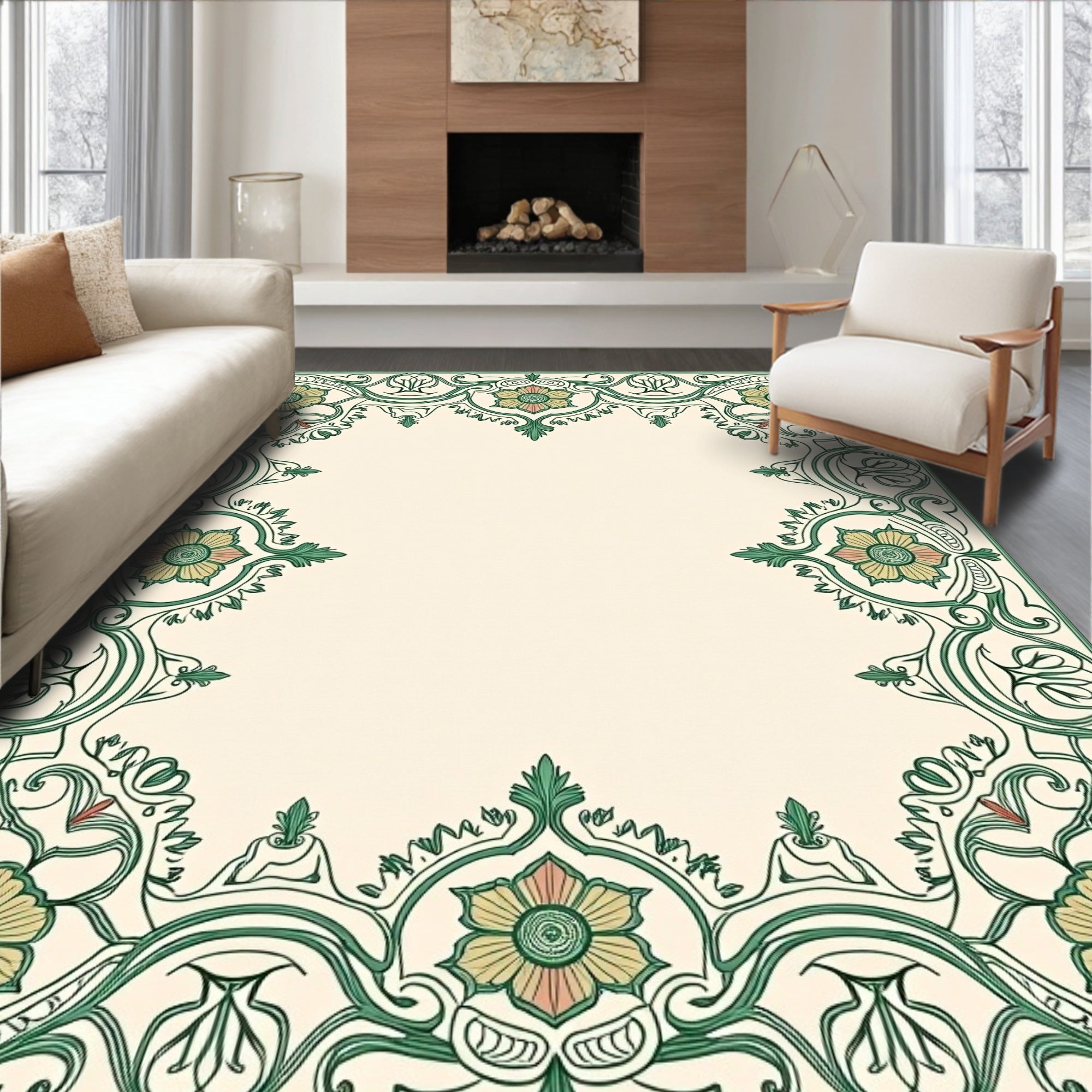 Green Floral Art Nouveau Border Design Rug
