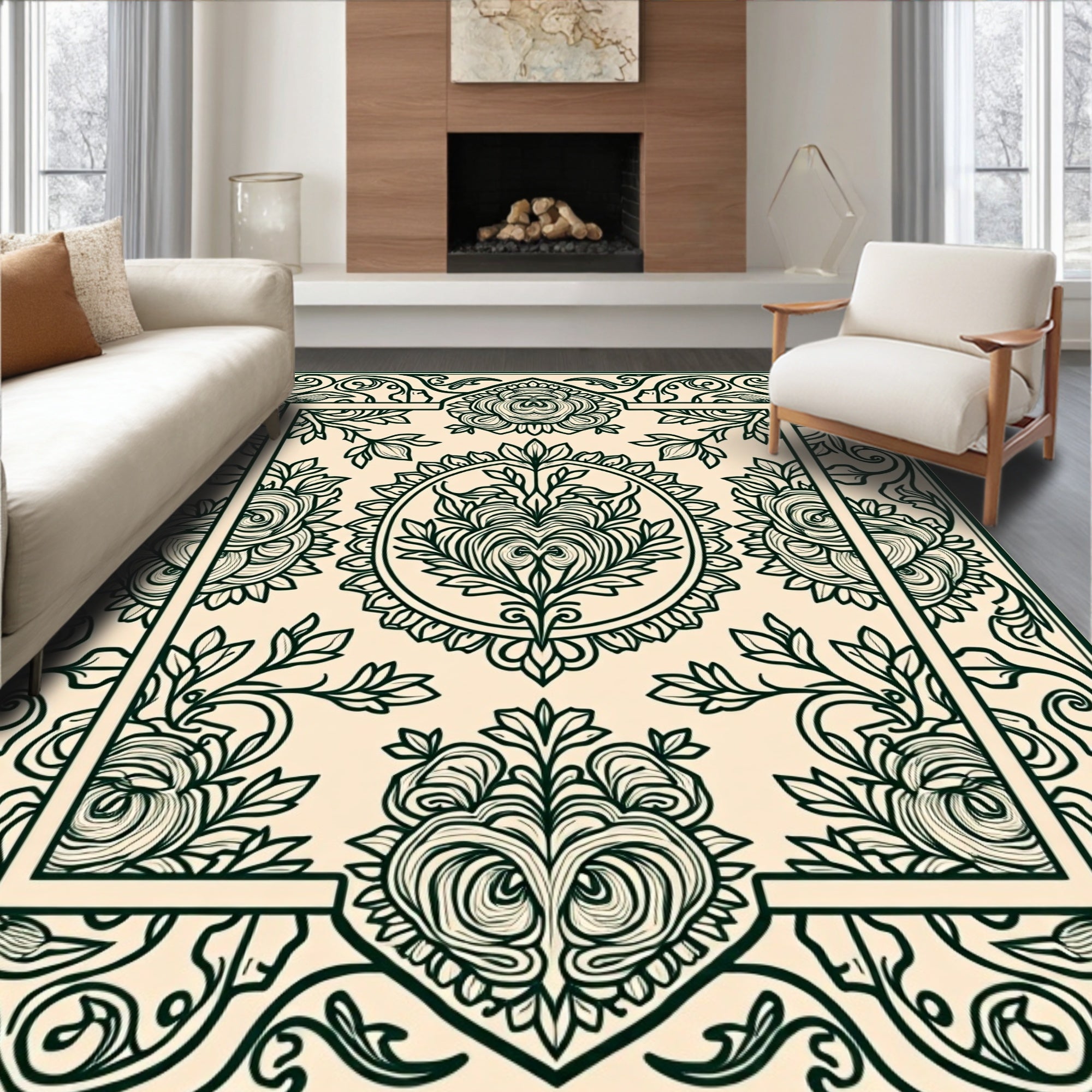 Floral Scrollwork Ornamental Liner Design Rug