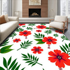 Vibrant Red Floral Botanical Pattern Rug