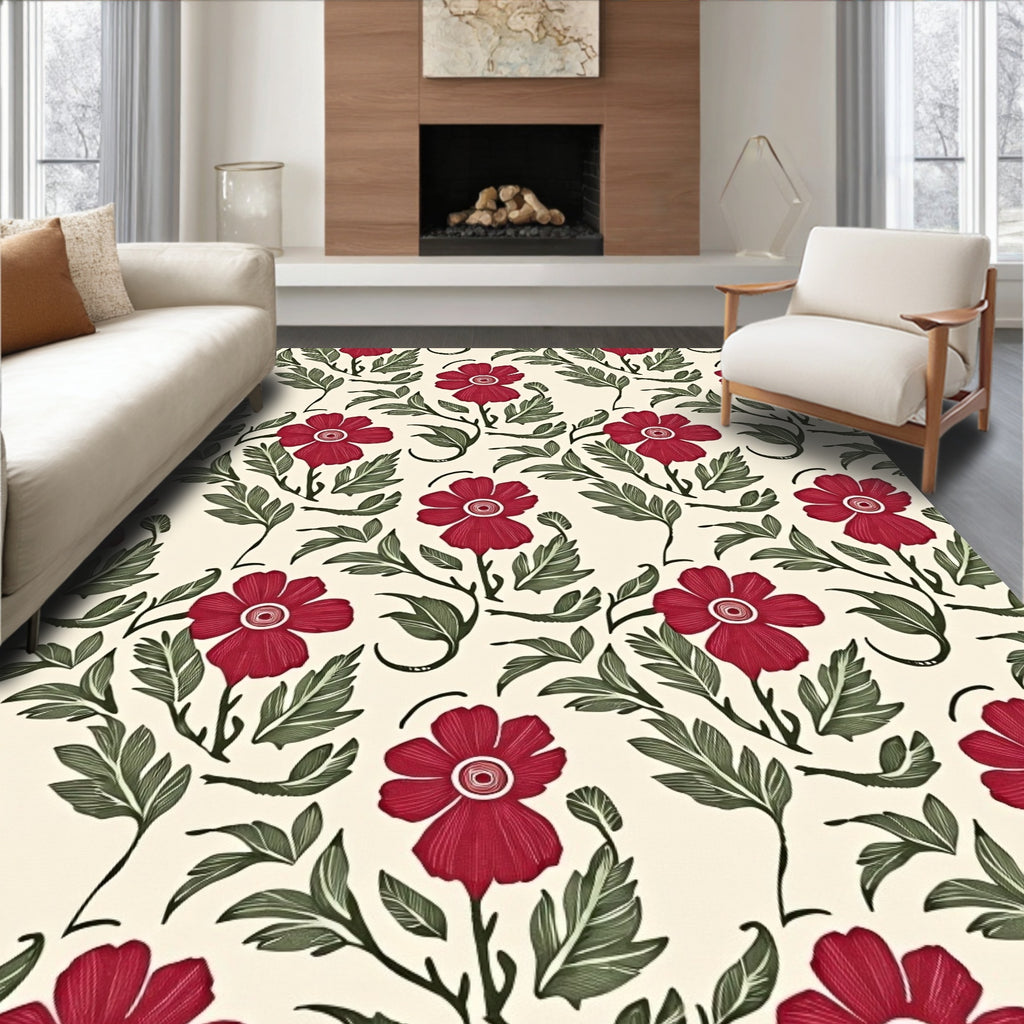 Crimson Flower Leaf Pattern Rug