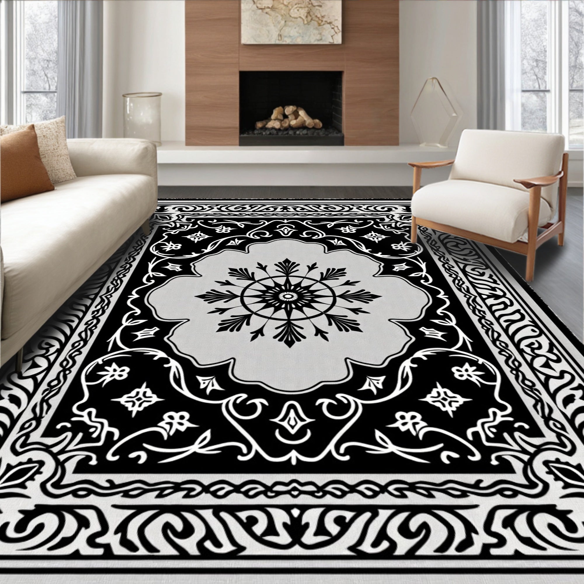 Monochromatic Floral Medallion Scrollwork Rug