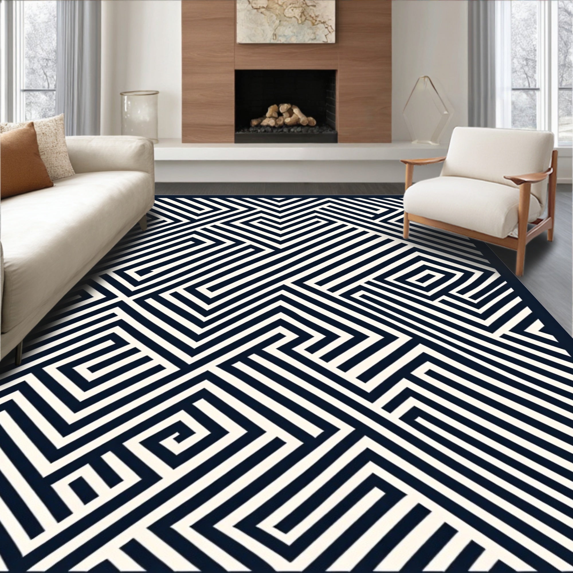 Sharp Black White Geometric Maze Design Rug