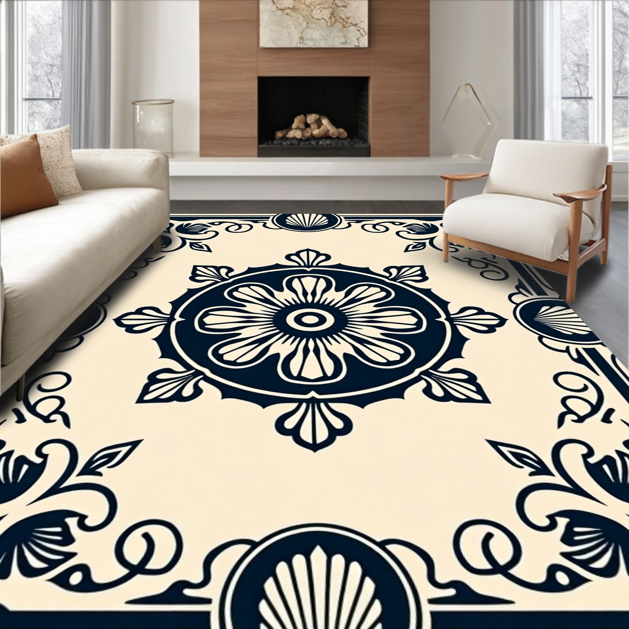 Classic Floral Scroll Border Pattern Rug