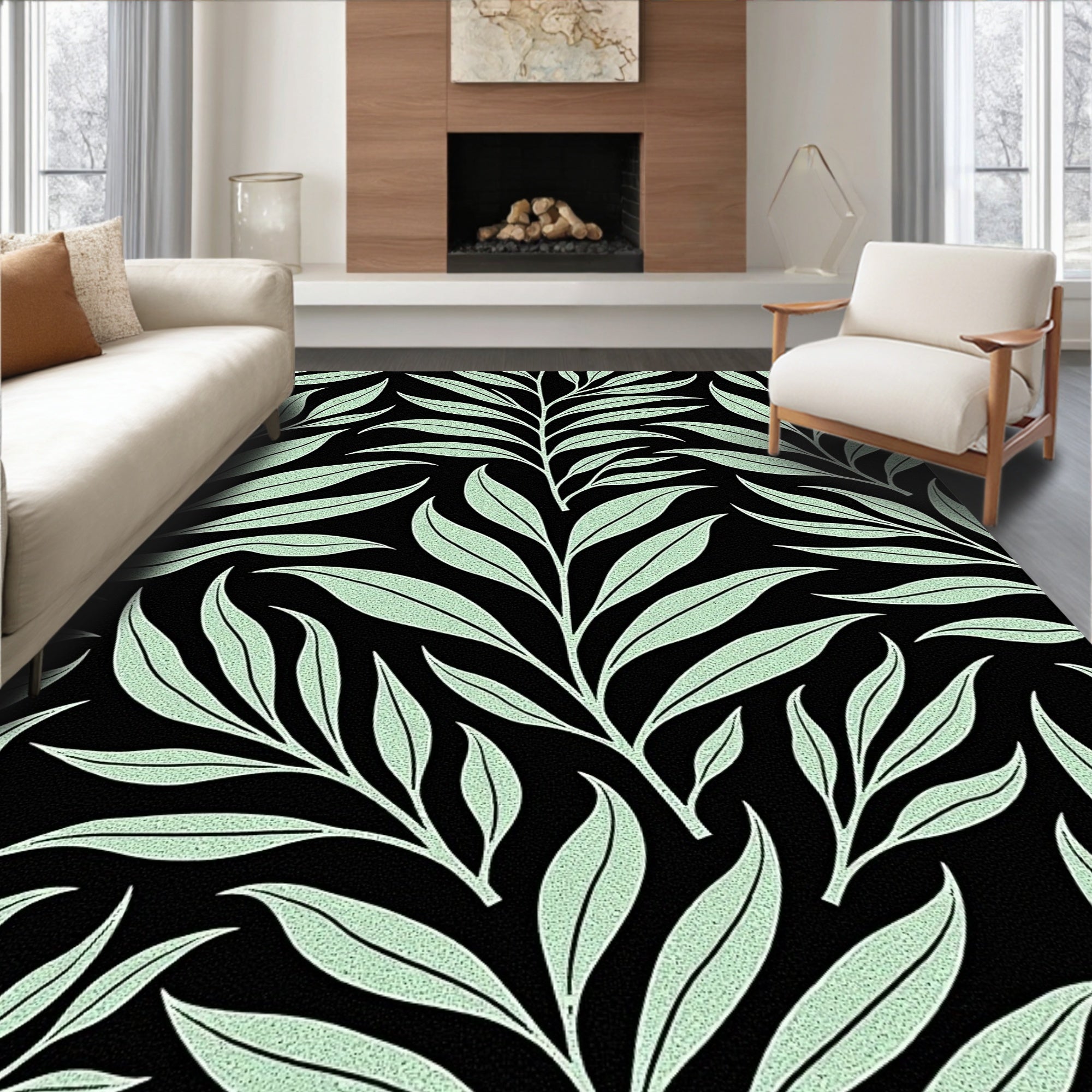 Light Green Leaf Patterned Rug