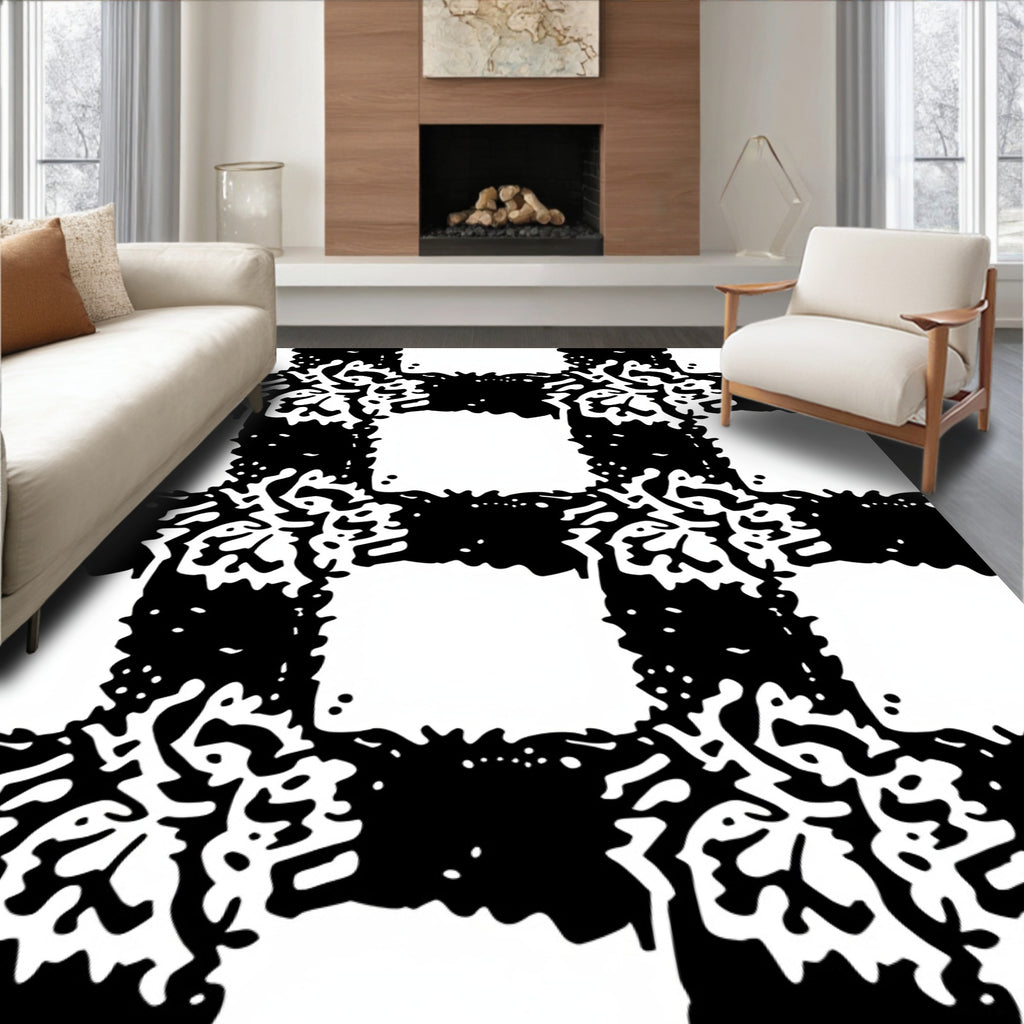 Abstract Playful Checked Black White Rug