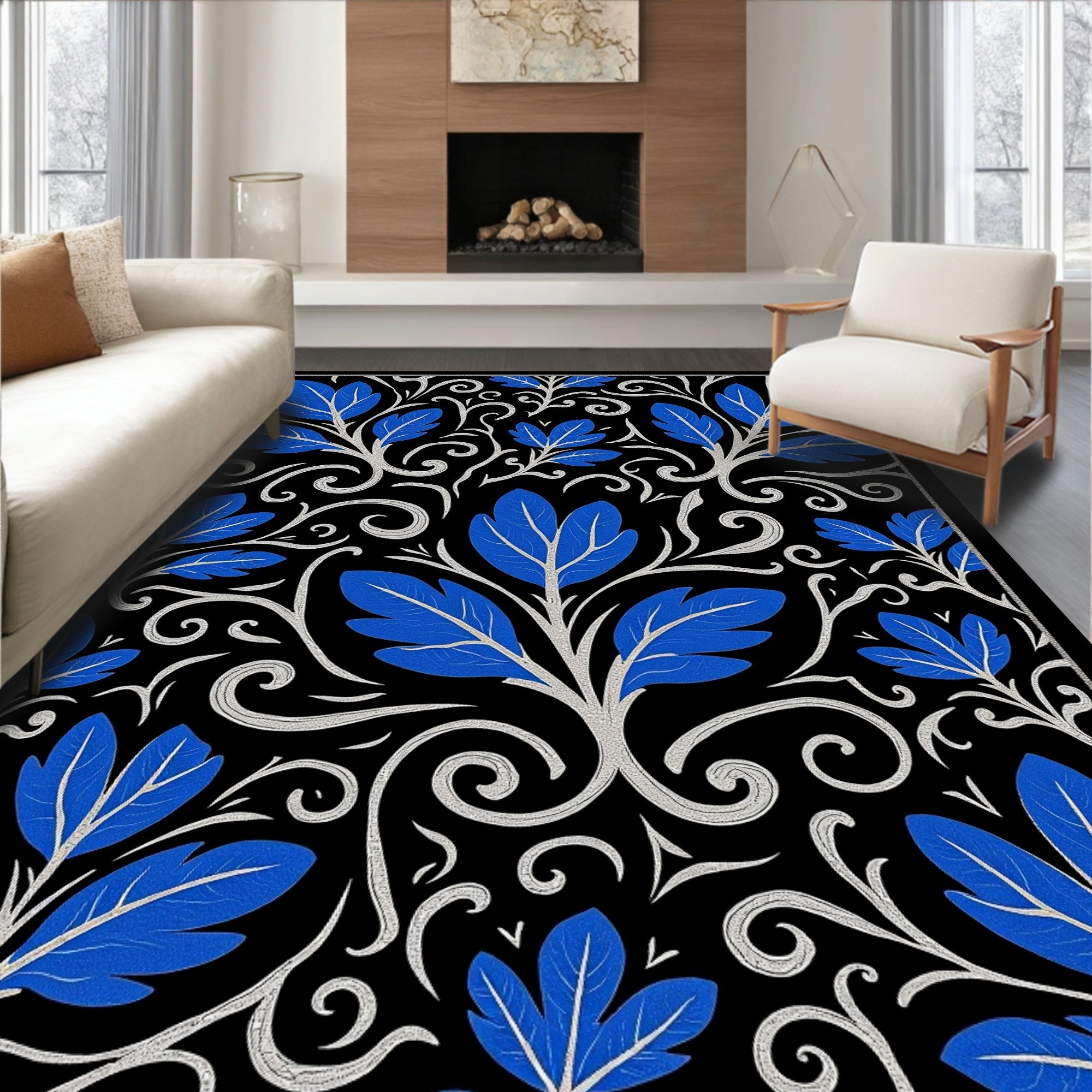 Elegant Blue Leaf Scroll Pattern Rug