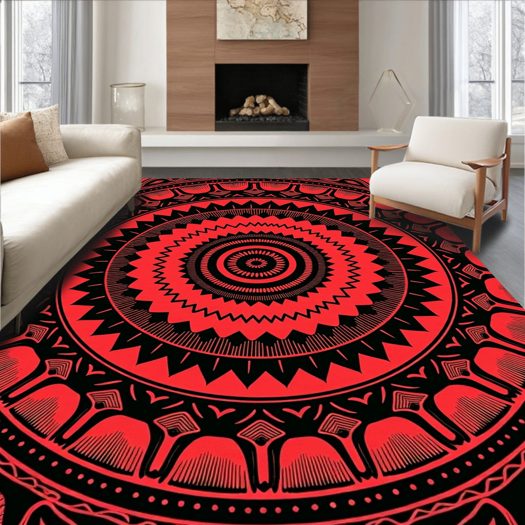 Radiant Red Black Mandalas Pattern Rug