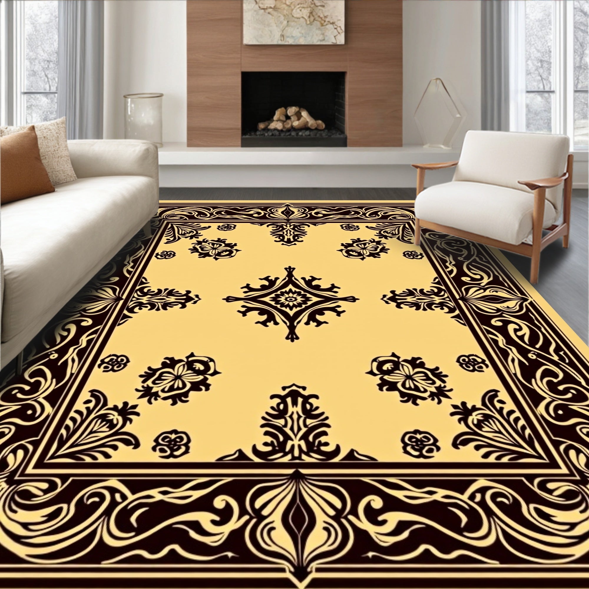 Elegant Brown Floral Swirl Pattern Rug