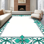 Teal Scrollwork Floral Elegant Border Rug