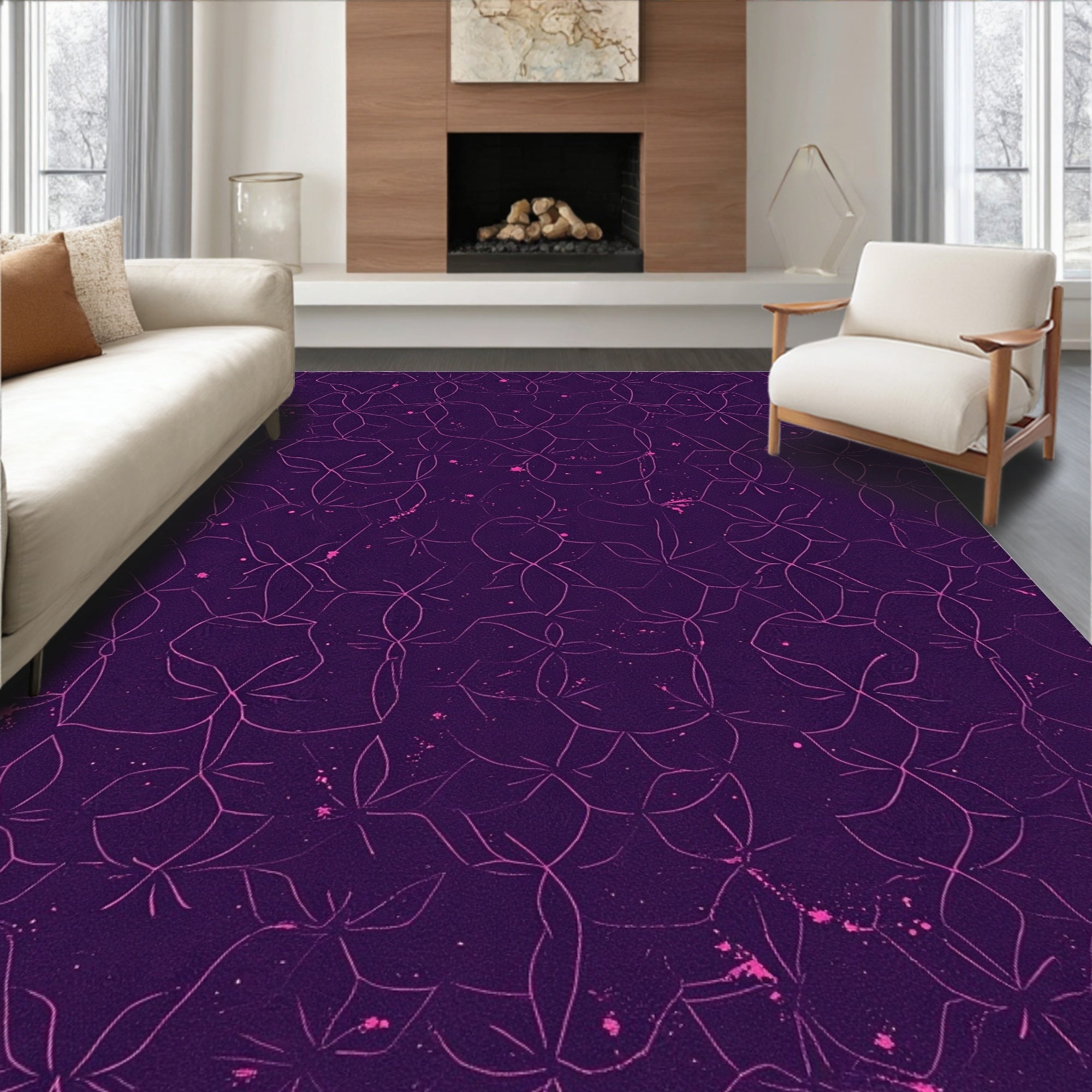 Dark Purple Geometric Floral Splatter Rug