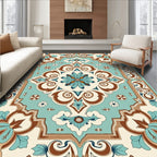 Ornate Floral Medallion Teal Brown Rug