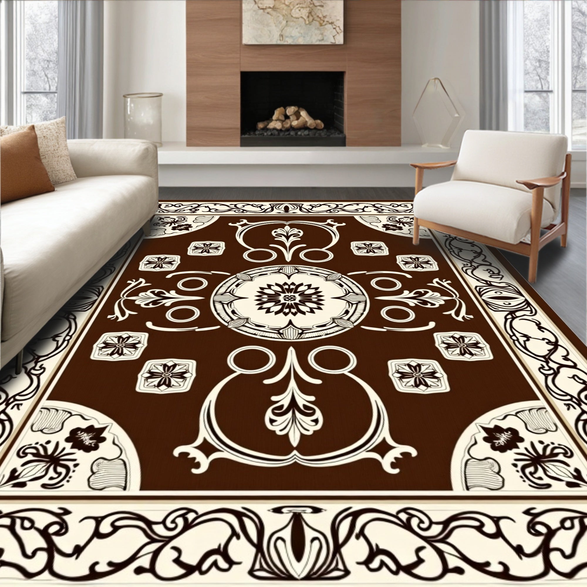 Vintage Floral Scrollwork Rich Brown Rug