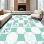Teal Leaf Geometric Grid Pattern Rug