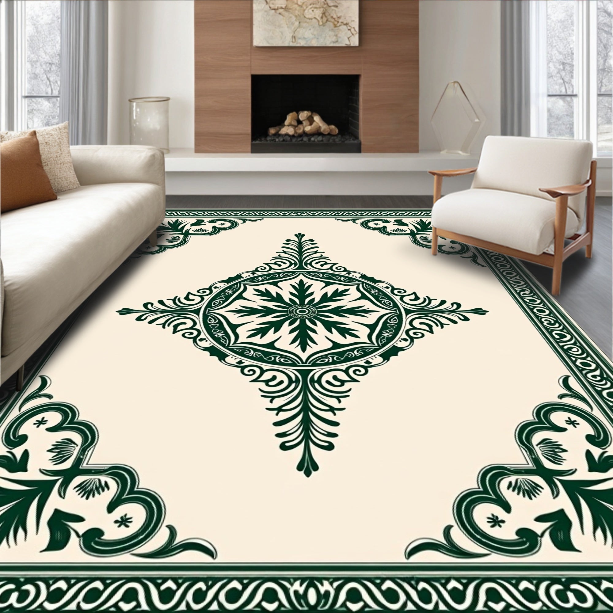 Ornate Dark Green Floral Medallion Pattern Rug