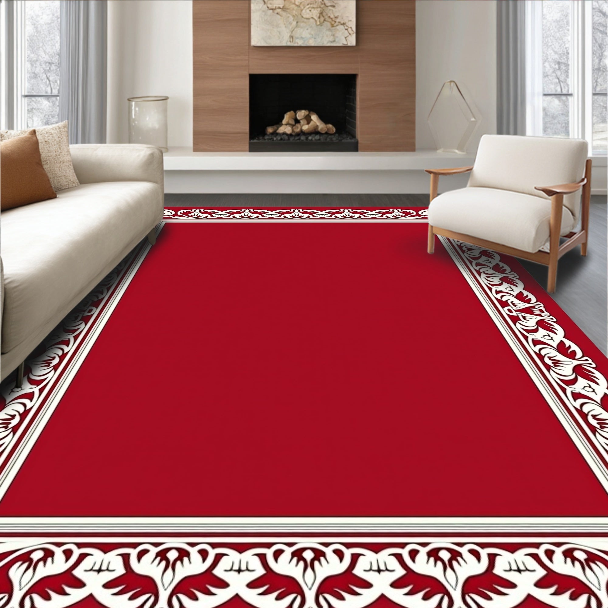 Classic Ornate Floral Border Red Rug